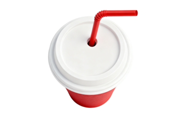 Red disposable cup with white lid and red straw