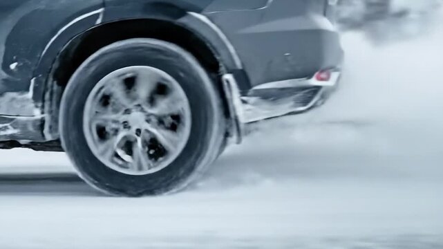Close-up of car wheel with winter tire tread on icy snowy road with blurred forest background driving safety concept frosty cold weather