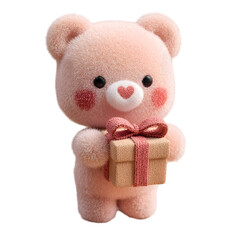 A cute fluffy pink teddy bear holding a present box