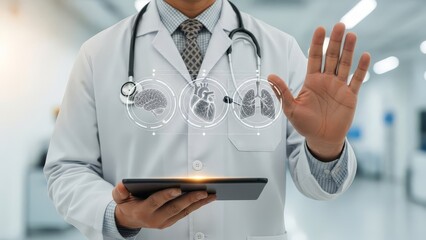 Doctor in a white coat holds a tablet, presenting holographic projections of human brain, heart, and lungs.