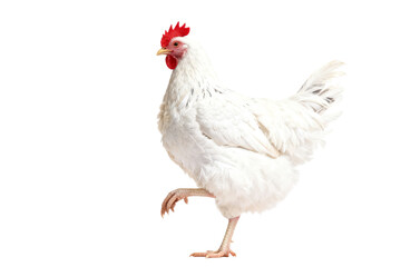 Fototapeta premium White Chicken with Red Comb Standing on One Leg