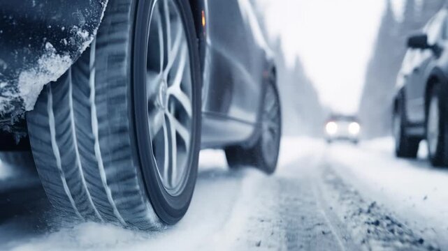 Close-up of car wheel with winter tire tread on icy snowy road with blurred forest background driving safety concept frosty cold weather
