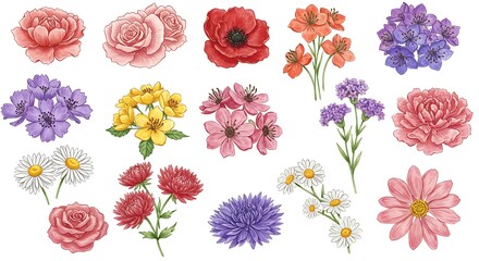 Assorted Watercolor Flowers - Vibrant Hand-Drawn Botanical Elements Collection.