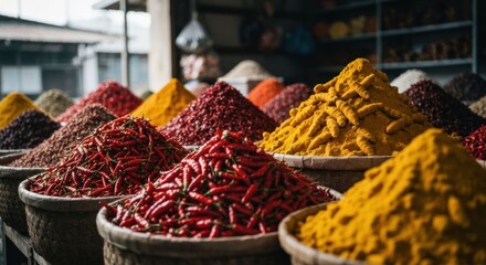 Fototapeta premium Colorful spices piled high in baskets