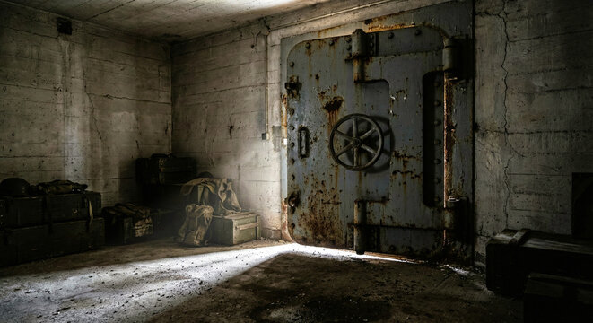 Heavy Rusty Metal Blast Door in Abandoned Bunker