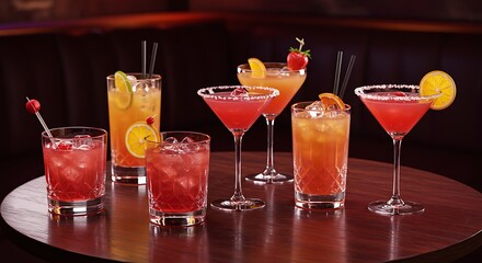 Assortment of Vibrant Cocktails Garnished with Fruit and Straws on a Polished Table.