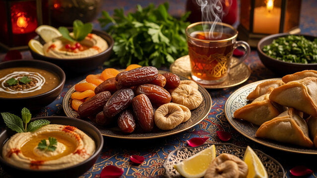 Delicious Arabic iftar meal with dates, tea, and other food dishes. Traditional Ramadan breaking fast dinner for celebration.