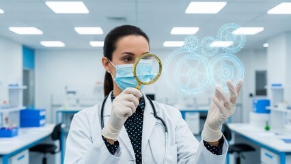 Focused female scientist in a mask examining glowing digital gears through a magnifying glass.