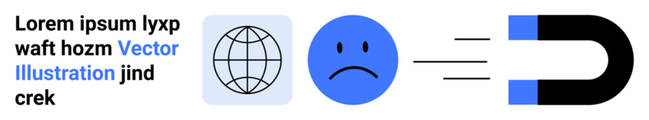 Fototapeta premium Global communication, emotional impact, human connections, marketing influence, digital engagement, user interaction. Globe, sad face and magnet with connecting lines. Emotional impact and global