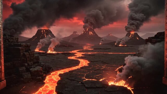Demonic iron gates of Inferno opening to reveal volcanic landscape with lava rivers. Fantasy underworld portal with screaming face sculptures. Forward camera movement.