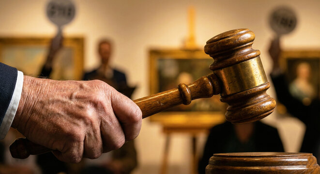 Auctioneer Hand Holding Wooden Gavel at Art Bidding Event