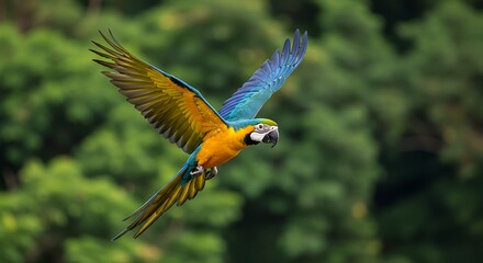 Blue-and-gold Macaw in Flight - Vibrant Wings Against Lush Green Canopy.