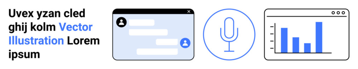 Fototapeta premium Digital communication, data presentation, voice technology, analytics, online services, media interfaces. Includes chat interface, microphone icon bar chart in browser window. Communication and data