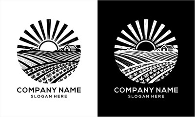 Farm field landscape with rising sun and barn house logo design. © Ramon