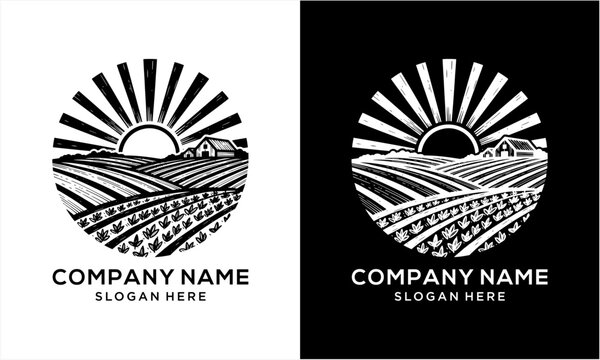 Farm field landscape with rising sun and barn house logo design.