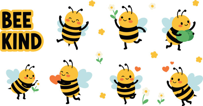 Bee vector illustration with cute characters and bee kind text on white background