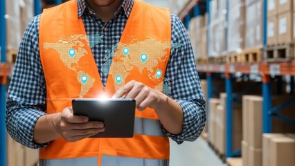 Logistics worker in an orange safety vest uses a tablet to track global distribution points efficiently.