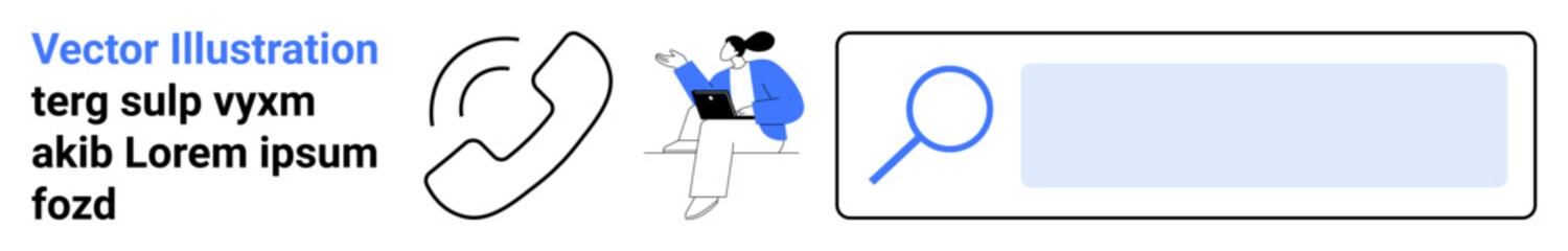 Obraz premium Customer service, search functionality, digital communication, online support, technology tools, problem-solving. Graphic displays phone icon, search bar and woman on laptop. Customer service