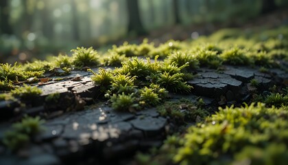 Fototapeta premium Mossy Forest Floor and Logs in Sunlight
