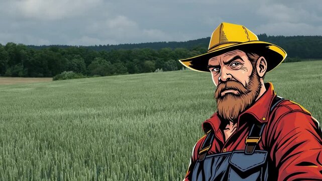 &Auml;lterer Bauer auf dem Feld, gezeichneter Mann arbeitet nach vielen Berufsjahren weiter
