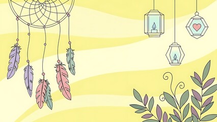 Boho Dreamcatcher Yellow Background with Hanging Lanterns and Pastel Leaves