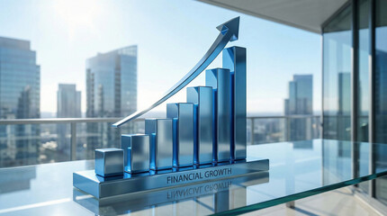 A massive, glossy 3D bar chart, stylized in bright, reflective blue metal, with an upward-pointing arrow indicating significant growth, is placed on a reflective surface overlooking a sunny