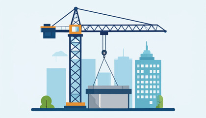 Fototapeta premium Construction Crane Lifting Building Block Cityscape
