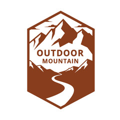 Brown hexagonal with mountain and river and outdoor mountain text