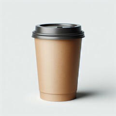 A paper coffee cup with a brown or black plastic lid stands on a white surface, which creates a clean and minimalistic image.