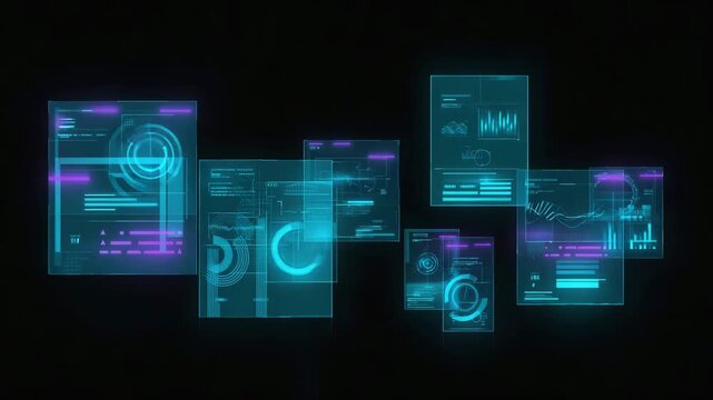 Holographic layers animate with slow rotations Camera remains locked Light intensity pulses softly 4K.