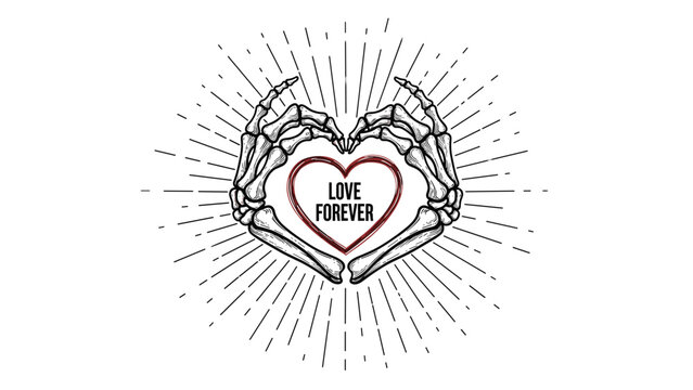 Skeleton hands forming a heart shape with Love Forever text and sunburst rays in a highly detailed vintage woodcut tattoo illustration style.