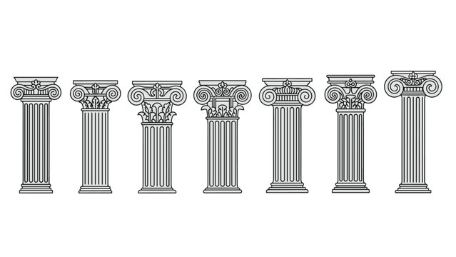 Series of classical architectural columns with ornate capitals in the Ionic and Corinthian styles on a white background.