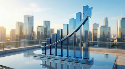 A massive, glossy 3D bar chart, stylized in bright, reflective blue metal, with an upward-pointing arrow indicating significant growth, is placed on a reflective surface overlooking a sunny