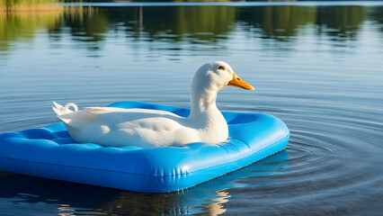 A White Duck on a Blue Inflatable Mat