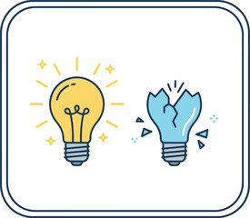 A glowing yellow lightbulb represents a bright idea next to a shattered blue bulb symbolizing a failed concept