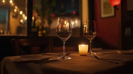 Romantic dinner setting, candlelit table, restaurant ambiance, intimate scene, ideal for stock photography