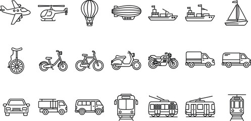 Diverse transportation vehicles and modes of travel in outline icon style Keywords: airplane, helicopter, hot air balloon, blimp © MDBENJIR