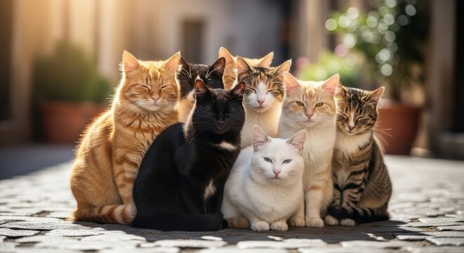 A charming gathering of diverse cats in a sunlit outdoor setting.