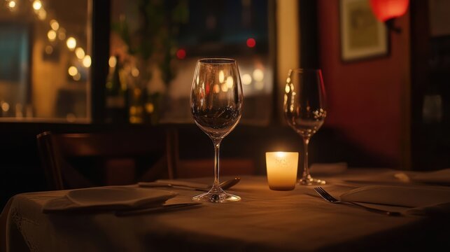 Romantic dinner setting, candlelit table, restaurant ambiance, intimate scene, ideal for stock photography