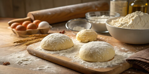 Fototapeta premium Close-up baking process, flour texture visible, warm kitchen light