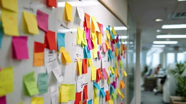 Close-up side view of a whiteboard covered with many colorful sticky notes in a modern blurred office background, representing brainstorming, planning, and agile project management