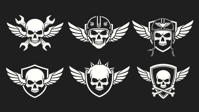 Collection of aggressive skull emblems featuring wings, helmets, and tools, designed for motorcycle clubs or rock music themes.
