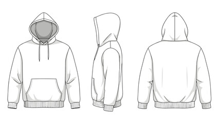 Professional technical sketch of a basic white hoodie presented from the front, side, and back angles for fashion design templates.