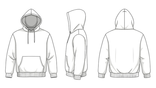 Professional technical sketch of a basic white hoodie presented from the front, side, and back angles for fashion design templates.
