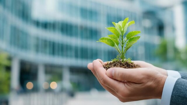 Close-up of a businessman's hands carefully holding a small green plant in soil against a blurred modern office building background. Concept of corporate social responsibility and sustainable growth