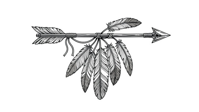 Intricate black and white sketch of a vintage native american style arrow adorned with several detailed feathers and string ties.