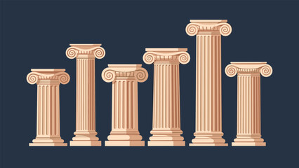 Naklejka premium Row of classical Greek or Roman architectural columns in various heights against dark blue background for heritage.