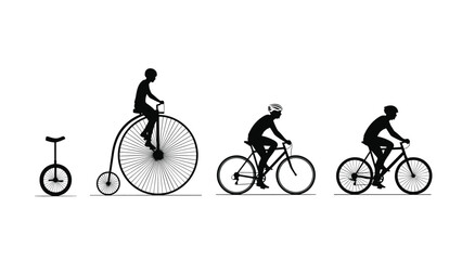 Obraz premium Silhouette timeline showing the evolution of the bicycle from unicycle and penny farthing to modern cycling bikes.