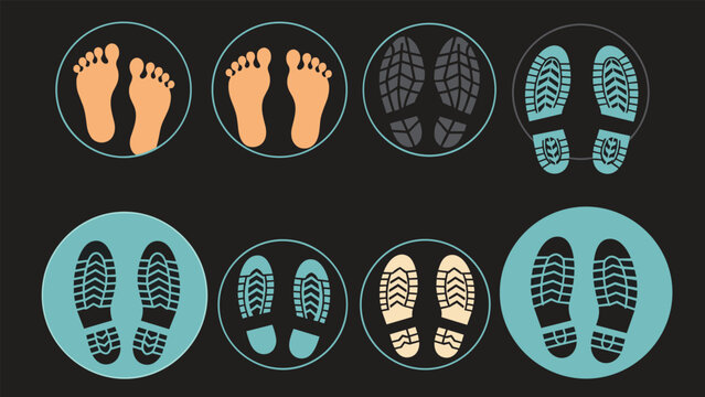 Set of barefoot and shoe footprint icons placed within colored circles for floor distance marking and social distancing.