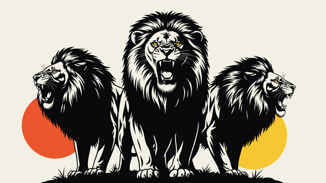 Trio of powerful male lions with thick manes depicted in fierce roaring poses against red and yellow sun backdrops.